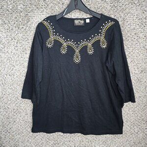 Bob Mackie Wearable Art Top Womens Medium Black Embroidered‎ Scoop Neck Ladies